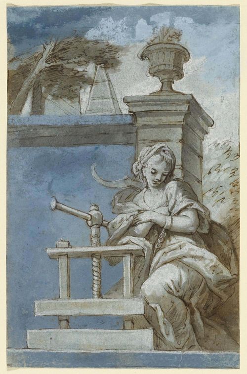 SOUTH GERMAN, CIRCA 1750 Allegory of the art of printing. Brown pen, grey wash, blue gouache, heightened with white. On blue-grey laid paper. 19.5 x 12.4 cm.