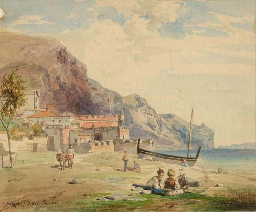 RITTER, WILHELM GEORG (1850 Marburg a.d. Lahn - 1926 Moritzburg) Costal scene. Funchal on Madeira, circa 1880. Watercolour, graphite. Signed lower left: Wilhelm G. Ritter. Funchal. 18.9 x 22.9 cm.