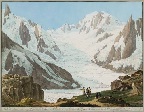 LINCK, JEAN-ANTOINE (1766 Geneva 1843).Vue du Mont-Blanc, des Aiguilles du Midi, (...), prise du Sommet du Rocher du Couverde, 1820. Hand-coloured etching. 37 x 48 cm. The outer line in black pen. Cut on three sides as far as the outer line, the lower margin with text, this cut close and with small restorations.