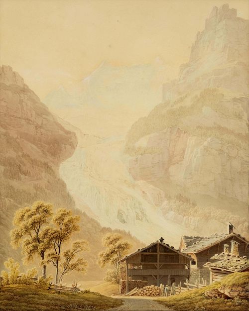 JUILLERAT, JACQUES HENRI (Motier 1777 - 1860 Bern).Alpengletscher bei Grindelwald, 1820. Watercolour, 44 x 37 cm. Black pen outer line. Signed and dated on lower margin: Juillerat fecit 1820. In gold frame from the period.