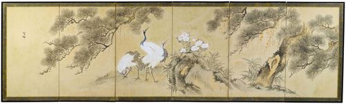 A SIXFOLD SCREEN PAINTED WITH CRANES, PINE TREES AND PEONIES. Japan, 19th c. 107x60 cm (one panel). Ink and colour on paper. Signature Kôkin and seal Yoshida Kôkin.