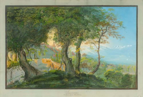 Attributed to BLEULER, JOHANN LUDWIG (Feuerthalen 1792 - 1850 Laufen Uhwiesen).Lausanne vue prise depuis Montbenon. Gouache, 40 x 62 cm. With grey gouached margins. Entitled below the image in black pen, inscribed (signed?) lower left: Bleuler fecit. Gold frame. – Overall good condition.