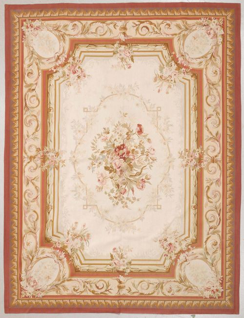 CHINA AUBUSSON.Light central field with a floral central medallion, broad edging with flower garlands, 240x335 cm.