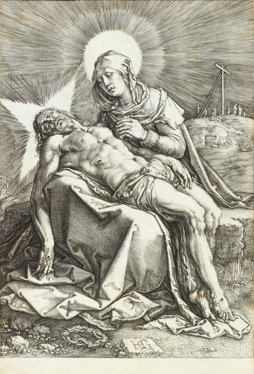 GOLTZIUS, HENDRIK (Bracht 1558 - 1617 Haarlem).Pieta, 1596. Copper engraving, 18.5 x 12.7 cm. Monogrammed centre bottom: HG. Dated on right hand margin: A 96. Bartsch 41; Strauss 331 II (of II). Old frame. Very fine, strong, even and clear impression. Trimmed mostly to the plate edge, which is visible in places. Minor foxing, remains of old mount verso. Overall fine condition. Provenance: Collection of C.Moyaux  (1835-1911), Paris, Lugt 1829 a.