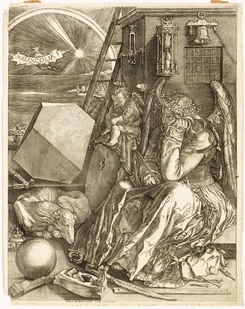WIERIX, HIERONYMUS (1551 Antwerp 1619).Melancholia. Copper engraving after Albrecht Dürer (1471-1528). 23.8 x 18.8 cm. Engraved inscription on lower margin: Johan Wirix fecit ann 1602. Alvin 1576; Mauquoy-Hendrickx 1556. – Fine impression with small margin around the clearly visible plate edge. Small paper loss on the upper left and lower left corners, reaching as far as the image. Otherwise in very fine condition.