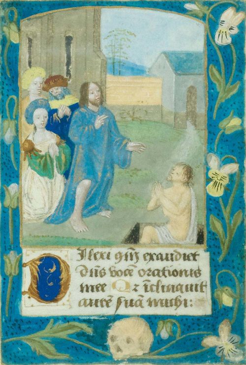 BOOK ILLUMINATION.-A single sheet from a French book of hours, circa 1520 with a depiction of the raising of Lazarus. Gouache on vellum, 9.9 x 6.6 cm. Below the image a four-line text with illuminated initial D. The margins edged with borders of lilies; with a skull on the lower margin. Verso text in Latin with further small initials. Framed.