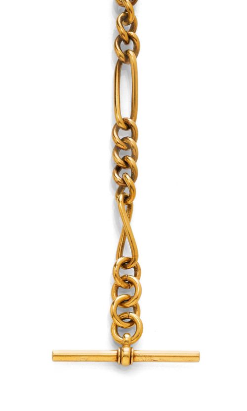 GOLD WATCH CHAIN, ca. 1920. Yellow gold, 38g. Short, older, solid curb link chain with fantasy links and a swivel clasp, extension not original. L ca. 24 cm.