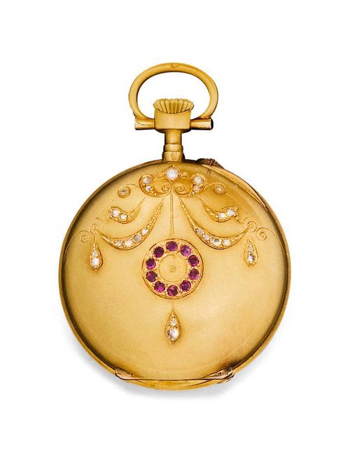 RUBY AND DIAMOND PENDANT WATCH, LE COULTRE, ca. 1900. Yellow gold. Small case No. 70281, the back decorated with garlands and band motifs set with diamonds and rubies. Enamelled dial with black Roman numerals and gold-coloured Breguet hands. Cylinder movement signed Le Coultre. D 29 mm.