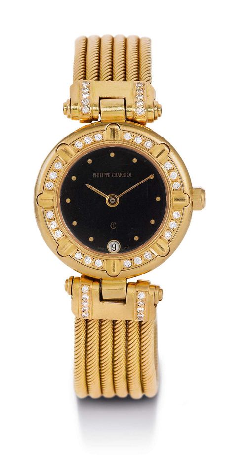 PHILIPPE CHARRIOL DIAMOND AND GOLD WRISTWATCH, ca. 1990s. Yellow gold 750. Round case No. 82.90.003, with diamond lunette set with 24 diamonds in 8 segments, the lugs each set with 10 diamonds. Black dial with gold index dots and hands, date at 6h. Quartz movement. Flexible, braided band in gold. L ca. 18 cm. D 24 mm.