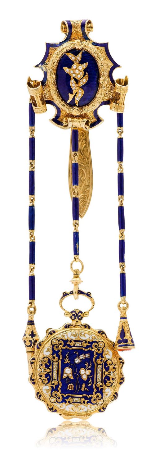 BAUTTE & CO, GOLD AND ENAMEL WATCH WITH GOLD CHATELAINE, ca. 1840.