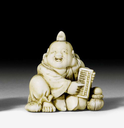 TWO IVORY NETSUKE: A BOY WITH A BASKET AND A PEDDLER  SELLING SEAFOOD. Japan, 19th c. Height 3 and 4.5 cm.
