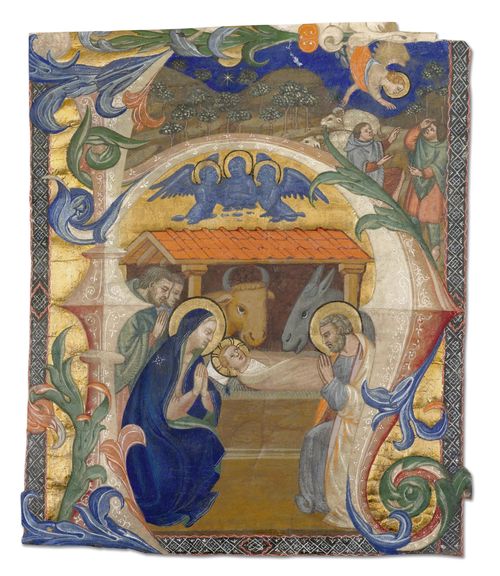 CAMALDOLESE, DON SIMONE (active 1379 – 1405) Historiated initial H from an antiphonary with the Adoration of the Shepherds. Vellum. Florence, ca. 1395-1400. 245 x 200 mm. Provenance: - 1980 Kreuzlingen, Kisters collection. - 1996, Hamburg, Jörn Günther. - 1997 the current collection. Exhibited: - Lugano, Fondazione Thyssen-Bornemisza, Villa Favorita, 7. April - 30. June 1991, No. 79. Bibliography: - Miklòs Boskovits, Pittura Fiorentina alla Vigilia del Rinascimento, Florence 1975, p. 429. - D.G. Firmani, Don Simone Camaldolese and manuscript Production in late Trecento Florence a codiological examination, Diss. Maryland 1984, p. 10. - Gaudenz Freuler, Manifestatori delle cose mircolose. Arte Italiana del 300 e del 400 da collezioni in Svizzera e Liechtenstein (Exh. Cat Lugano, Fondazione Thyssen) Einsiedeln 1991, p. 208. - Friedrich G. Zeileis Più ridon le carte (3.ed.), Rauris 2014, pp. 244-247. Further cited literature: - Gaudenz Freuler in: Lorenzo Monaco dalla Tradizione Giottesca al Rinascimento, Florence 2006, p. 138. - Gaudenz Freuler, in: L'eredità di Giotto. Arte a Firenze 1340-1375, Cat. Florence Galleria degli Uffizi, Florence 2008, pp. 236-239. This imposing Florentine initial, conceived in the style of a monumental wall painting, narrates the Adoration of the newborn Jesus the Redeemer by his parents and the shepherds who have approached the scene The authorship of this fragment cut from a antiphonary, as that of the Sienese Camaldolese brother Don Simone Camaldolese, remains undisputed since it was first published by Boskovit (1975). Various fragments scattered amongst the most famous museums relate to further dispersed cimelia by this illuminator, whose fame reached beyond Florence to the court of Visconti and Gonzaga