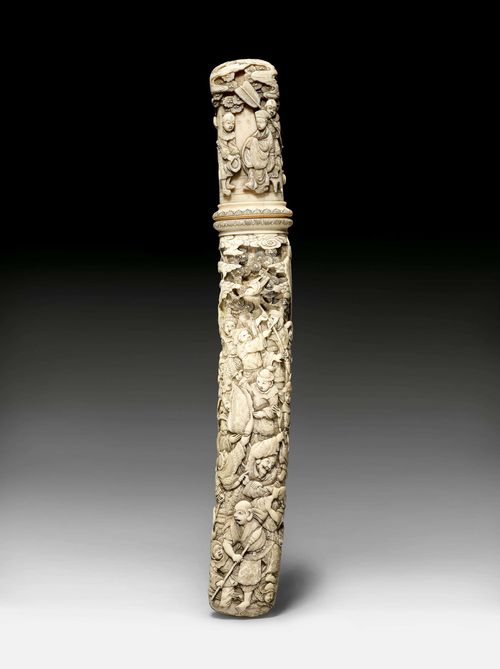 A TANTÔ WITH FINELY CARVED IVORY SCABBARD AND HANDLE. Japan, Meiji period, length 30 cm. Signed Gyokukôsai.