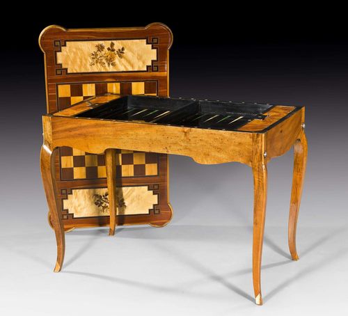 GAMES TABLE "A FLEURS", Louis XV, probably Berne circa 1760. Walnut, cherry, burlwood and partly dyed fruitwoods in veneer and fine inlaid with game board, flowers, leaves, fillets and decorative frieze. Removable top lined with green felt verso. The frame with backgammon board inside. 104x61x77 cm.