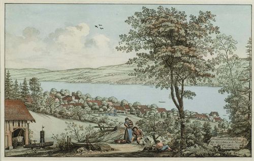 ZURICH - KANTON.-Johann Jakob Aschmann (1747-1809). Prospect v. Rüschlikon am Zürichsee n. d. Natur No. 7 J.Aschmann fec. Circa 1800. Etching with original colour, 18.5 x 29.5 cm. Gold frame. – Fresh colour and very good condition.