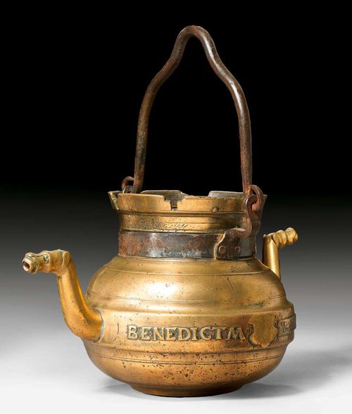 LARGE CALDRON,Renaissance, Flemish, 16th century. Brass and iron. With the writing: "Benedictum sit nomen domini" ("Blessed be the name of the Lord"). Restorations and alterations. H without handle 20 cm. Provenance: - Sotheby's London 16.4.2002 (Lot No. 6). - Swiss private collection.