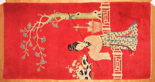 CHINA antique.Red ground with a female figure in a garden, good condition, 137x73 cm.