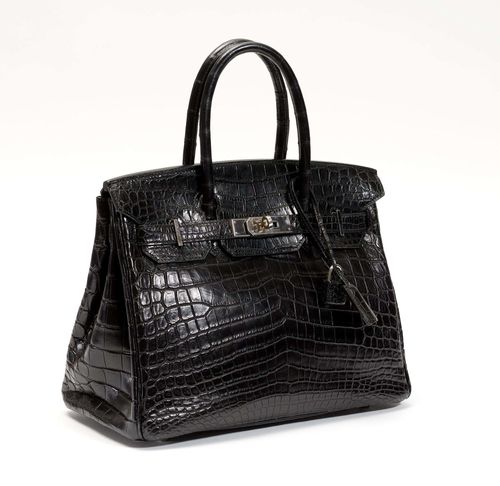 HERMES Paris Made In France (2007). SAC Birkin 30 en crocodile niloticus mat noir, garniture en métal argenté palladié, double anse, ca