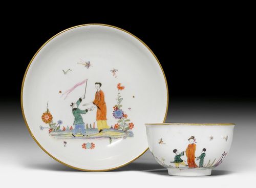CUP AND SAUCER WITH CHINOISERIE DECORATION,