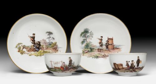 PAIR OF CUPS AND SAUCERS FEATURING MINERS,