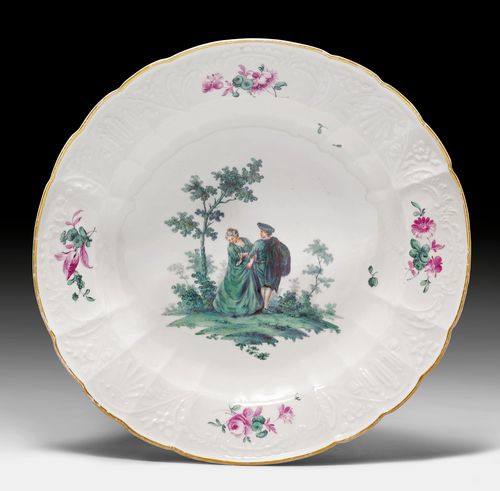 SOUP PLATE WITH 'COPPER–GREEN WATTEAU PAINTING',