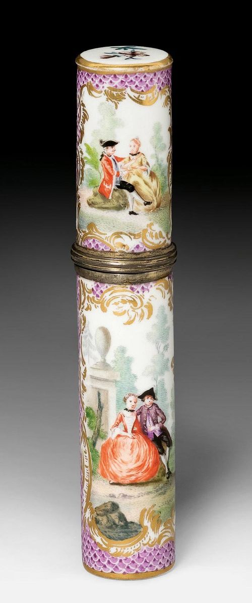 NEEDLE BOX WITH WATTEAU PAINTING,