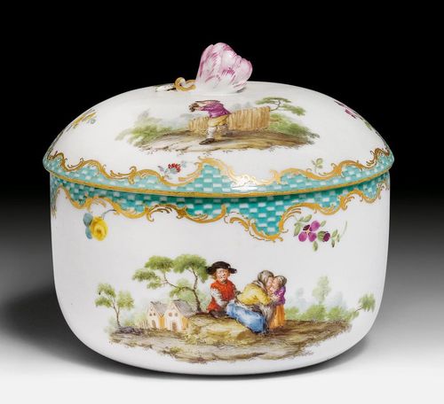 SUGAR BOWL WITH ‘TENIERS SCENES’ AND MOSAIC BORDER,