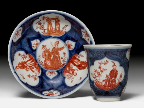 RARE BEAKER AND SAUCER WITH COBALT–BLEU GROUND,