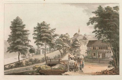 HERRLIBERG.-Johann Jakob Aschmann (1747-1809). Prosp. der Kirche Herrliberg am Zürichsee n.d.N. J. Aschmann fec. No.9. Outline etching with grey-brown wash and watercolour. Engraved title and signature in the centre bottom of the depiction. 18.2 x 29.2 cm.  Genuine gilt frame. Broad lower margin with a few scattered spots of foxing. Otherwise in fresh and attractive condition. - Provenance: - Collection Hans Jakob Zwicky, Thalwil.