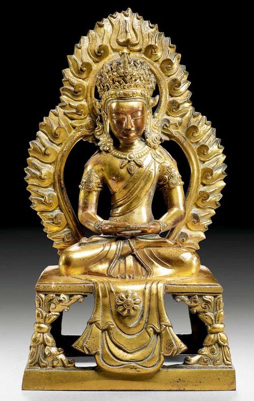 AMITHAYUS.Sino-Tibetan, 18th century  H 20.5 cm. Gilt copper alloy. The vessel with the elixir of life is missing.