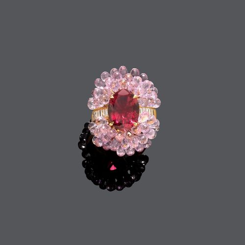 RUBELLITE AND DIAMOND RING.
