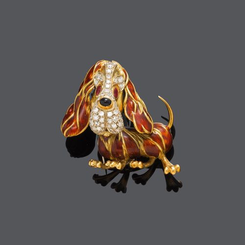 ENAMEL AND DIAMOND BASSET–HOUND BROOCH,  ca. 1960.