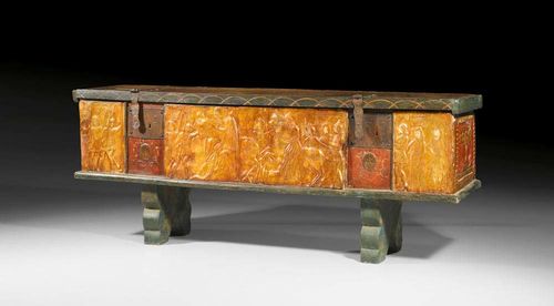 PAINTED COFFER WITH "PASTIGLIA" DECORATION,Renaissance and later, probably Tuscany. Polychrome painted walnut with equestrian figures on gold ground. On later feet. Iron straps. 157x33x63 cm.