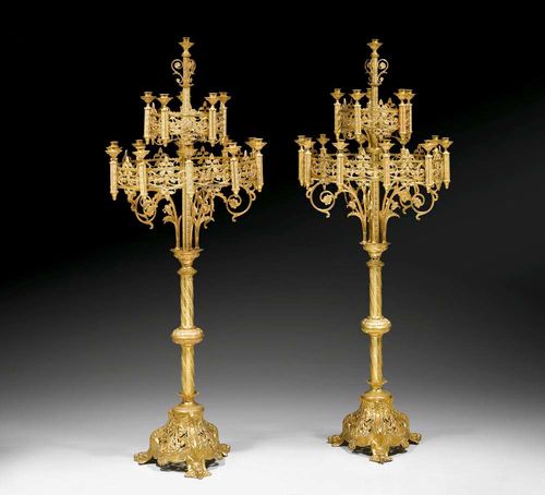 PAIR OF GILT BRONZE STANDARD LAMPS,Neo-Gothic, probably  France, 19th century H 134 cm.