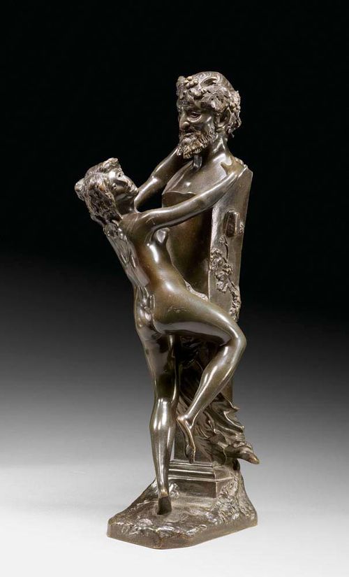 CLODION (Claude Michel, Nancy 1738-1814 Paris) after, France, 19th century Burnished bronze figure of a naked young woman with a bust of a satyr. Signed CLODION. With foundry mark BRONZE GARANTI AU TIRE L.V. DEPOSEE. H 34 cm.