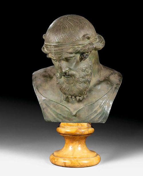 BUST OF A PHILOSOPHER,the model by C.A.W. SOMMER (Carl August Wilhelm Sommer, 1839-1921), after the antique, Italy, end of the 19th century Bronze and "Giallo di Siena" marble. With foundry mark FONDERIA SOMMER NAPOLI. H 68 cm.