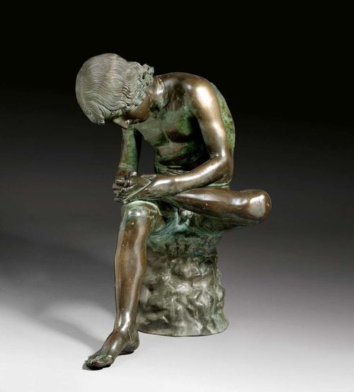 FIGURE OF THE "BOY WITH THORN",after the ancient Greek, Rome, 19th century Burnished bronze. Slightly rusted. H 72 cm.