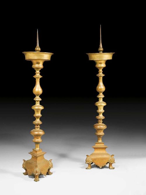 PAIR OF TALL BRONZE CANDLE HOLDERS,Baroque , German , 18th century H 120 cm.