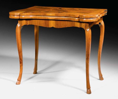 WALNUT AND BURL WALNUT GAMES TABLE,Louis XV, Bern, 18th century Walnut veneer table, the hinged top lined inside with beige fabric. 90x45x(open 90)x75 cm.