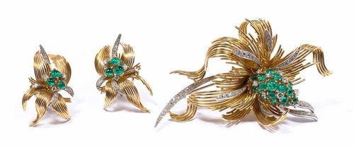 SMARAGD-DIAMANT-BROSCHE MIT OHRCLIPS, E. MEISTER, um 1950.