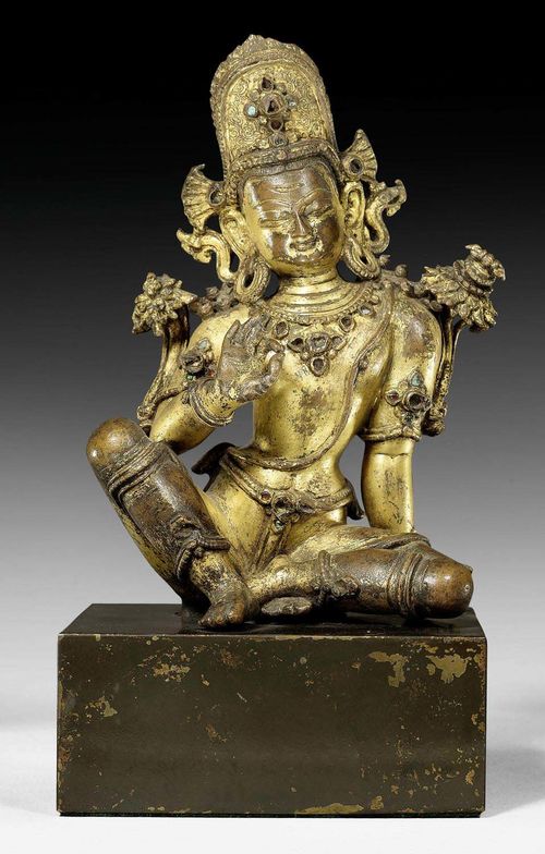 AN EARLY GILT COPPER FIGURE OF INDRA. Nepal, 13th/14th c. Height 13.5 cm.