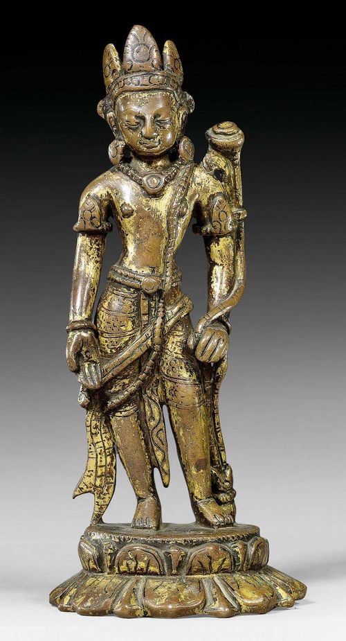 A COPPER STANDING PADMAPANI WITH REMAINS OF GILDING. Nepal, 11th c. Height 15.5 cm.