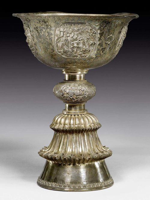 A VERY FINE AND LARGE SILVER BUTTER LAMP. Tibet, antique, height 26.5 cm.