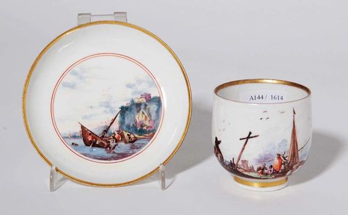 BEAKER AND SAUCER WITH MERCHANT SCENES, Meissen, circa 1745.With gilt edges. Underglaze blue sword mark, gold mark H. The beaker non matching and restored.