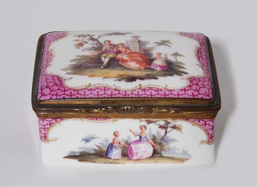 PORCELAIN JAR WITH GILT METAL MOUNT, in the style of Meissen, 19th century. Painted on all sides and on the inside of the lid with Watteauesque scenes within a stylised imbricated border in purple. A floral bouquet on the underside, the inside gilt. 9 x 7 x 4cm.