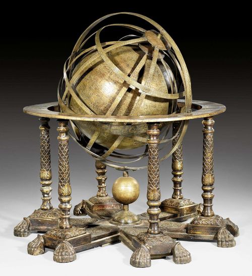 IMPORTANT ASTROLABE,in the style of the 18th century, India. Bronze, brass, copper and finely carved wood. D 110 cm, H 130 cm. Provenance: - Traditionally considered to be from the former collections of the Maharajah of Mysore, South India. - From a German collection