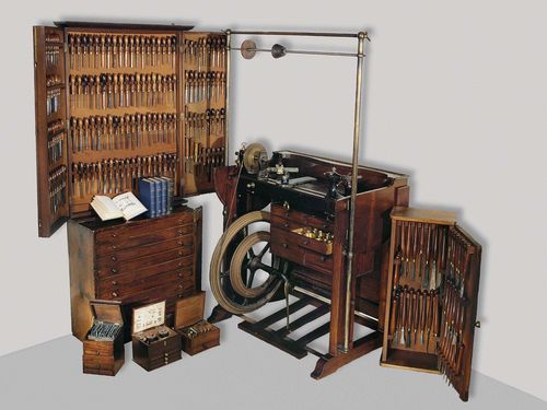 A RARE TURNING LATHE WITH A NUMEROUS TOOLS IN 2 LARGE AND 3 SMALL BOXES, by the company Holzappfel, London, 1824. Mahogany, cast iron, brass and steel. Pedal driven.