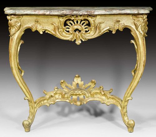CONSOLE,Louis XV, by J.F. FUNK (Johann Friedrich Funk, 1706-1775), Bern circa 1760. Pierced, richly carved and gilt limewood. "Marbre de Roche" top. 113x55x94 cm.