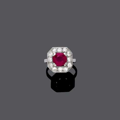 RUBY AND DIAMOND RING, ca. 1930.