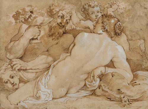 CARRACCI, ANNIBALE (Bologna 1560 - 1609 Rome), after Venus with satyr and two putti. Pen and brush in brown, heightened in white. 23 x 30 cm. Framed.